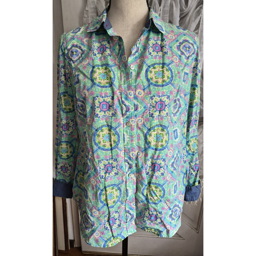 Talbots Womens Geo Print Long Sleeve Contrast Cuff Cotton Blouse Petite M